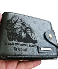 Portofel Personalizat 'Tu esti universul nostru', barbati, piele , cu capsa, negru