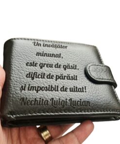 Portofel Personalizat 'Un invatator minunat', barbati, piele naturala , negru