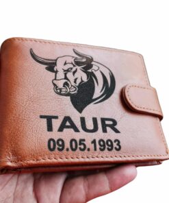 Portofel Personalizat 'Zodia Taur', barbati, piele naturala , maro