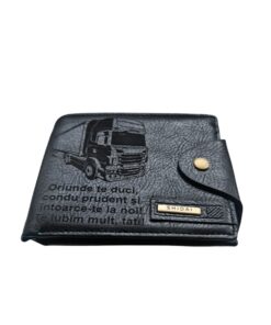 Portofel Personalizat 'Oriunde te duci', barbati, piele , cu capsa, negru