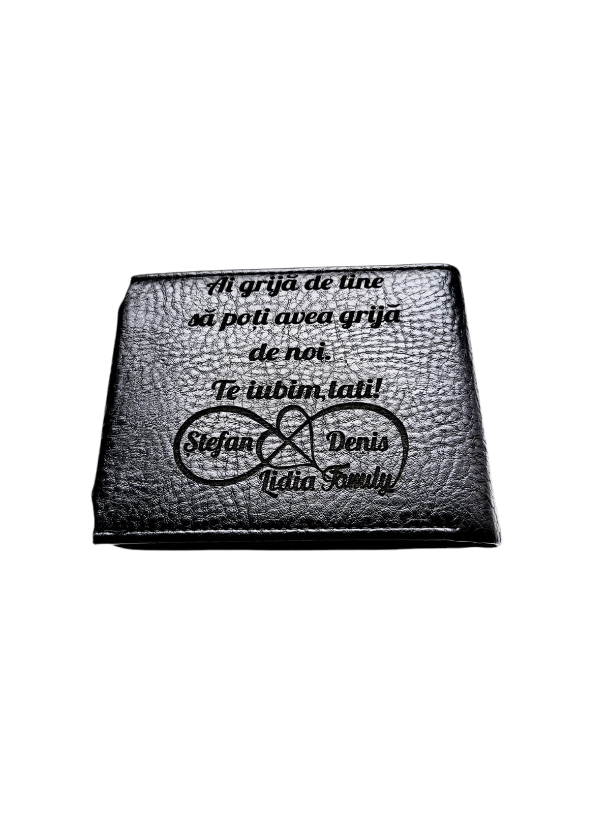 Portofel Personalizat 'Ai grija', barbati, piele , cu capsa, negru