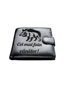 Portofel Personalizat 'Fain vanator', barbati, piele naturala , negru