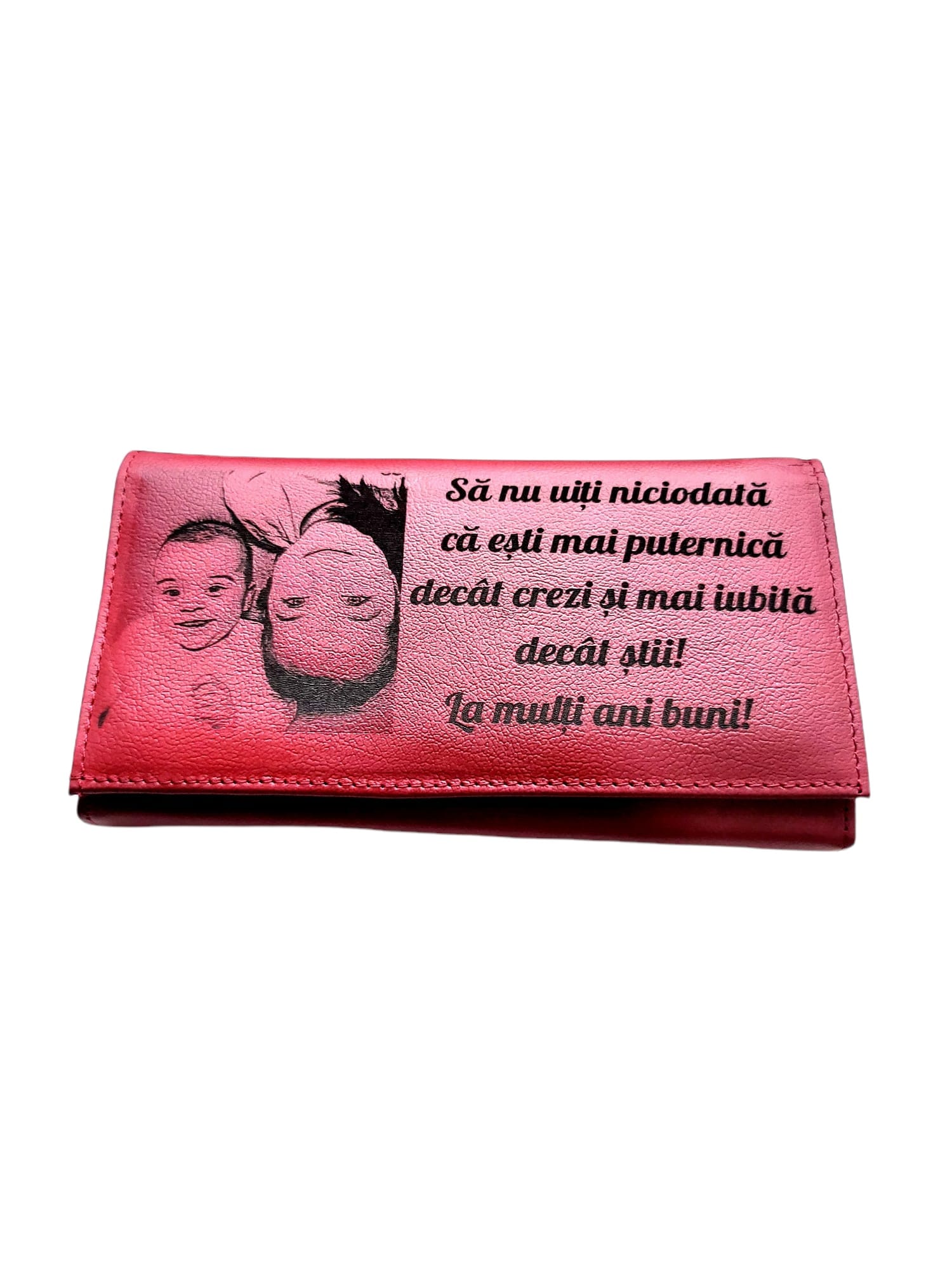 Portofel Personalizat 'La multi ani rd', dama, piele naturala, rosu