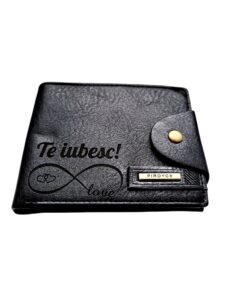 Portofel Personalizat 'Te iubesc penb', barbati, piele , cu capsa, negru