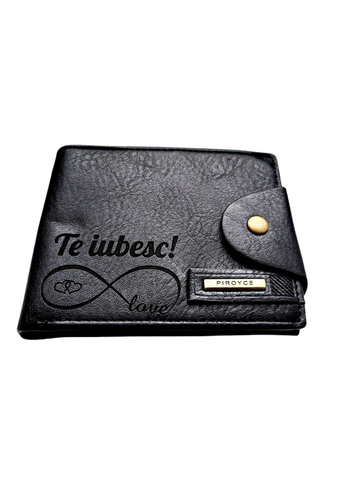 Portofel Personalizat 'Te iubesc penb', barbati, piele , cu capsa, negru