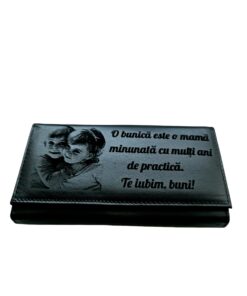 Portofel Personalizat 'O bunica', dama, piele naturala, negru