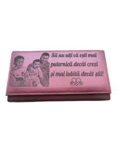 Portofel Personalizat 'Mai puternica', dama, piele naturala, rosu