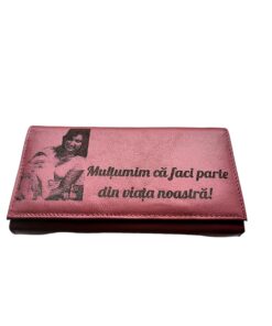 Portofel Personalizat 'Multumim', dama, piele naturala, rosu