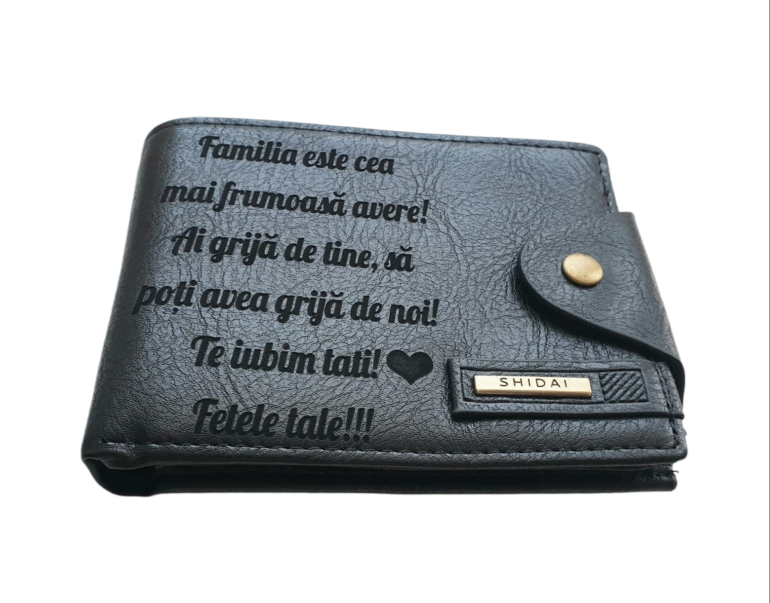 Portofel Personalizat 'Familia este cea mai frumoasa', barbati, piele , cu capsa, negru