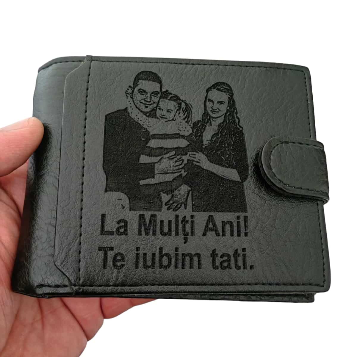 portofel personalizat negru cu capsa La multi ani Te iubim Tati