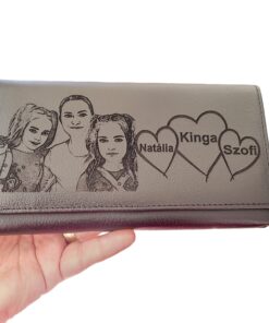 portofel dama  piele naturala negru personalizat cu poza si inimioare