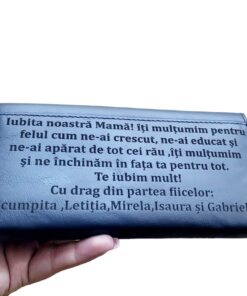 Portofel dama personalizat piele naturala albastru Iubita noastra mama