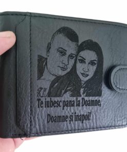 portofel personalizat negru cu capsa Te iubesc pana la Doamne Doamne