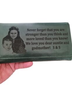 portofel dama verde personalizat cu poza si text in engleza