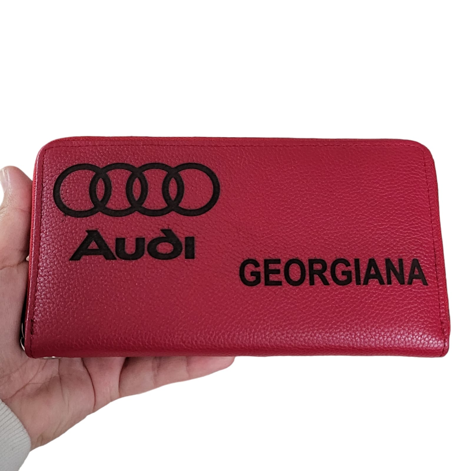 Portofel dama rosu penar piele naturala personalizat cu logo auto si nume
